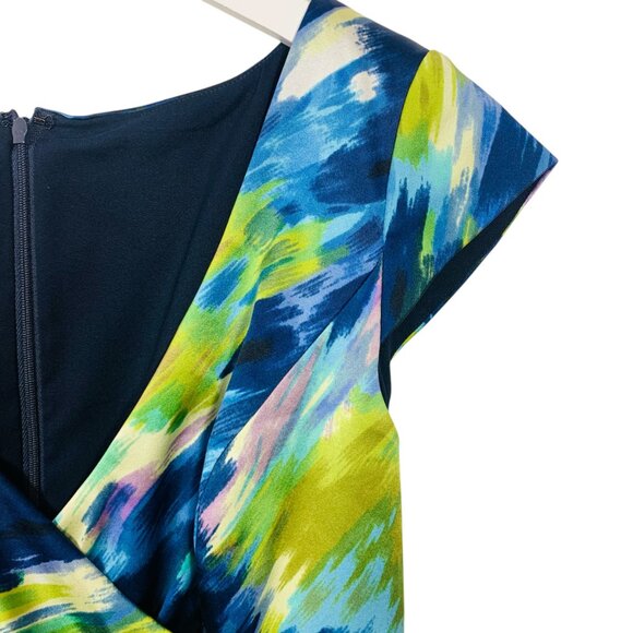 silk cocktail dress watercolor print cinch waist Sheath V-neck sz4 KAY UNGER - Picture 4 of 16